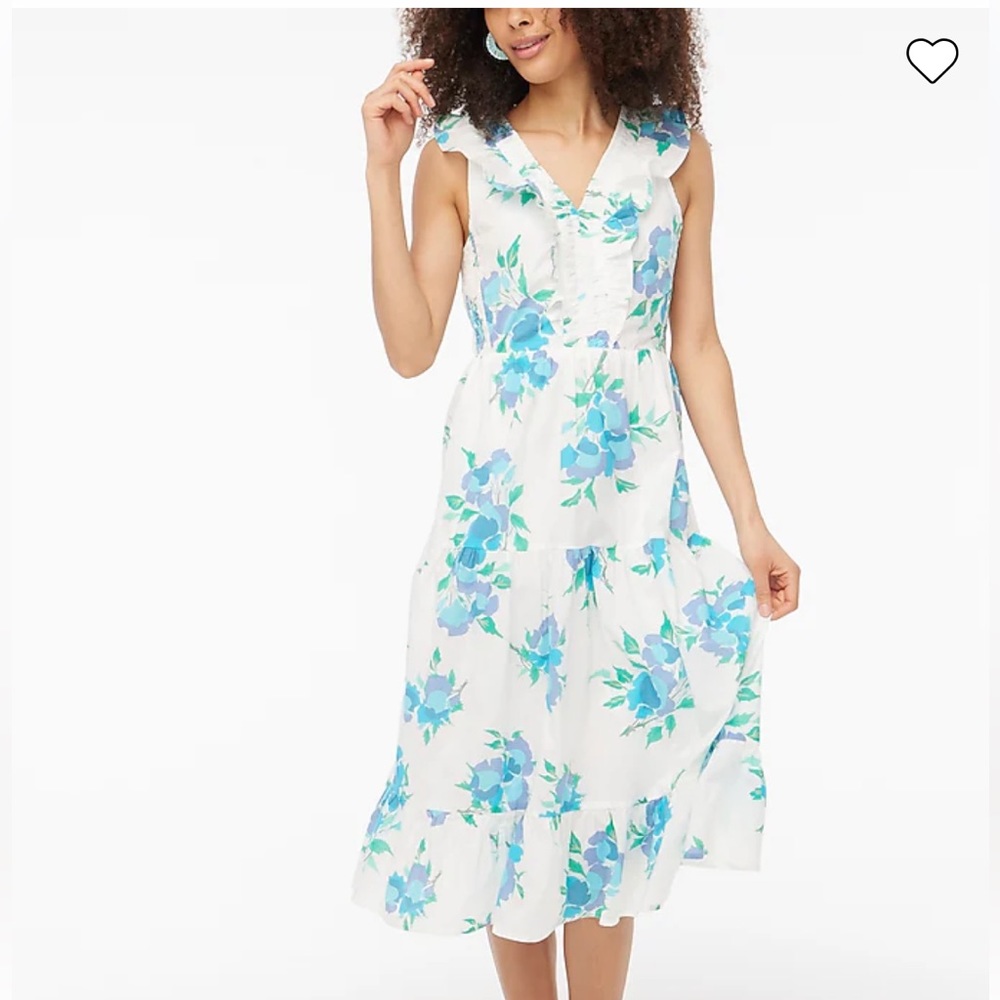 J Crew Printed V-neck smocked midi dress- White/ Blue